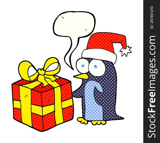 freehand drawn comic book speech bubble cartoon christmas penguin with present