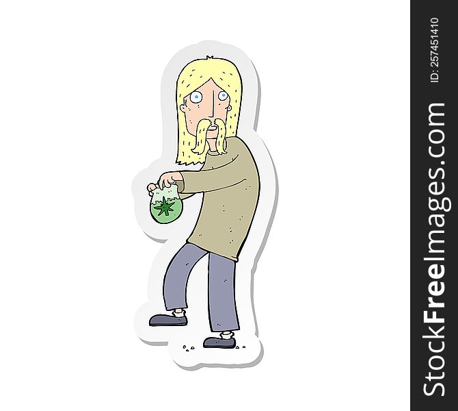 sticker of a cartoon hippie man with bag of weed