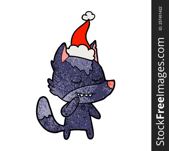 Friendly Textured Cartoon Of A Wolf Wearing Santa Hat