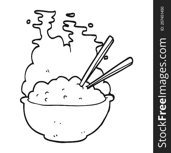 freehand drawn black and white cartoon bowl of hot rice