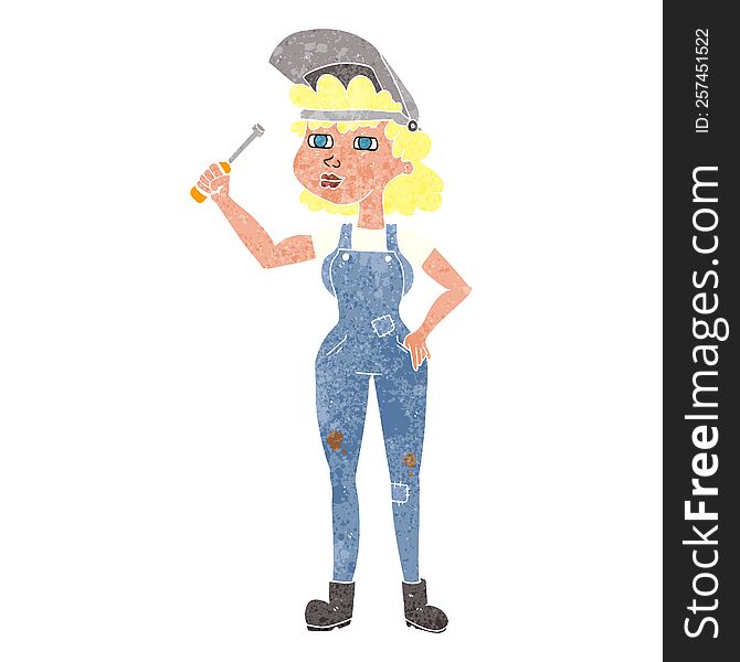 freehand retro cartoon female mechanic