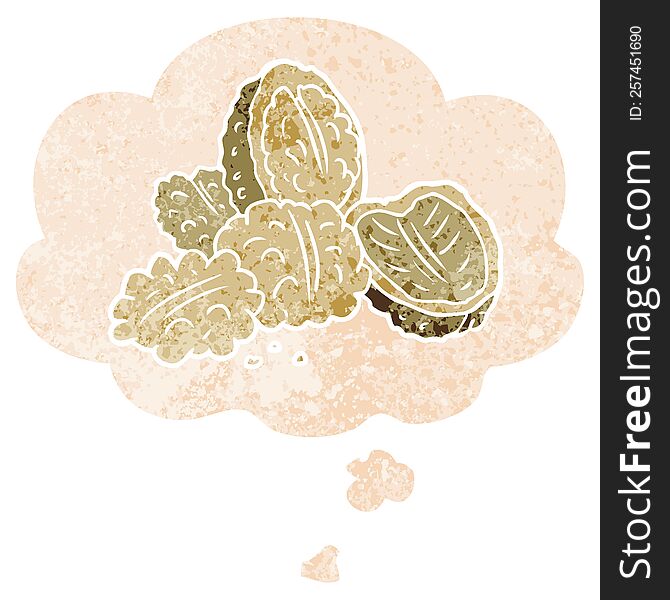 cartoon walnuts with thought bubble in grunge distressed retro textured style. cartoon walnuts with thought bubble in grunge distressed retro textured style