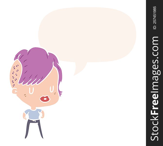 cartoon girl and punk hipster haircut and speech bubble in retro style