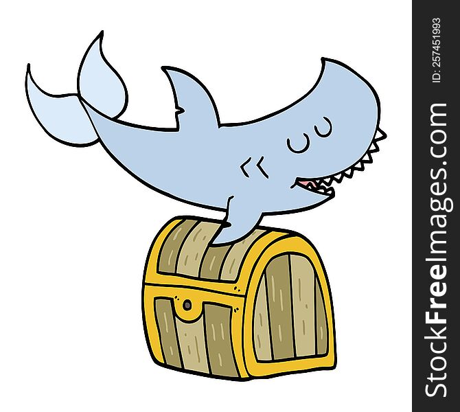 cartoon shark swimming over treasure chest