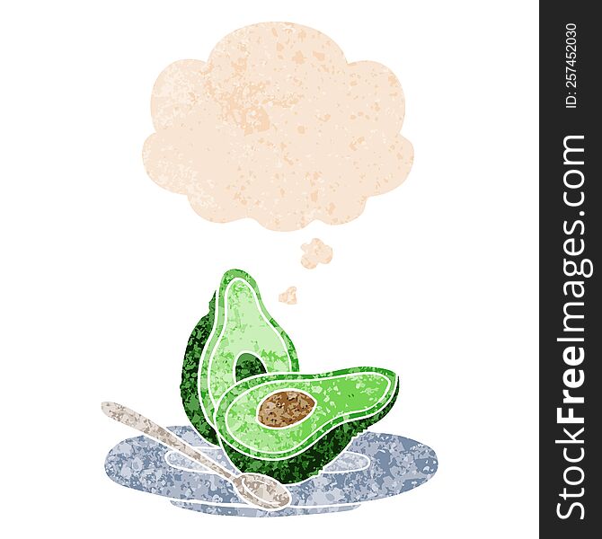 cartoon avocado with thought bubble in grunge distressed retro textured style. cartoon avocado with thought bubble in grunge distressed retro textured style
