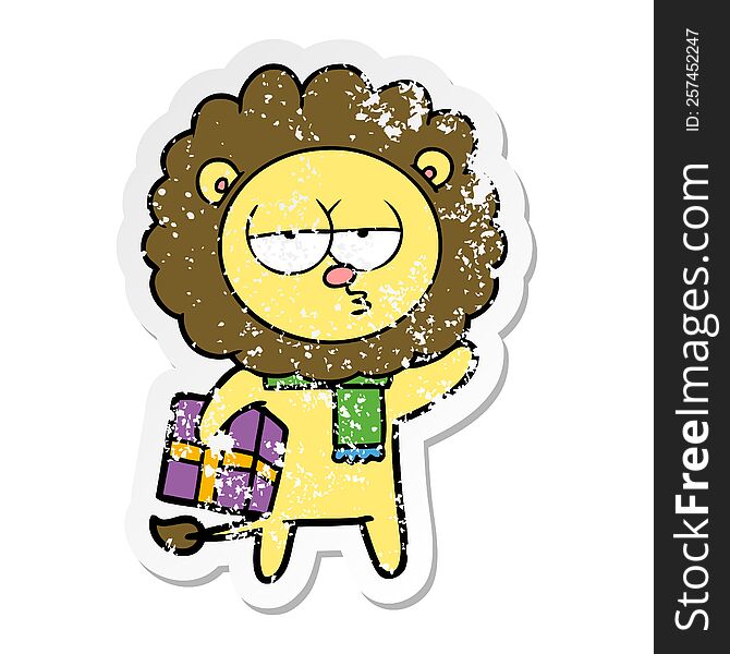 distressed sticker of a cartoon tired lion with gift