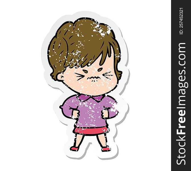 Distressed Sticker Of A Cartoon Frustrated Woman