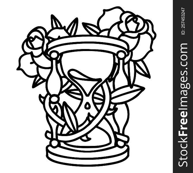 tattoo in black line style of an hour glass and flowers. tattoo in black line style of an hour glass and flowers