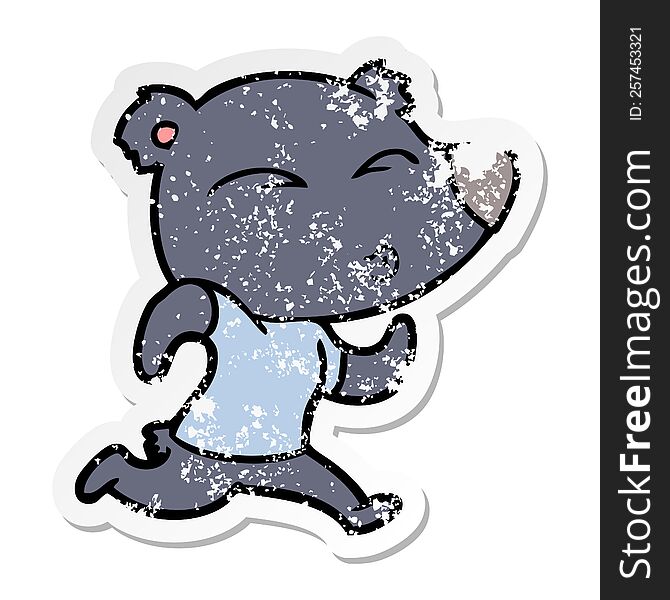 distressed sticker of a cartoon jogging bear