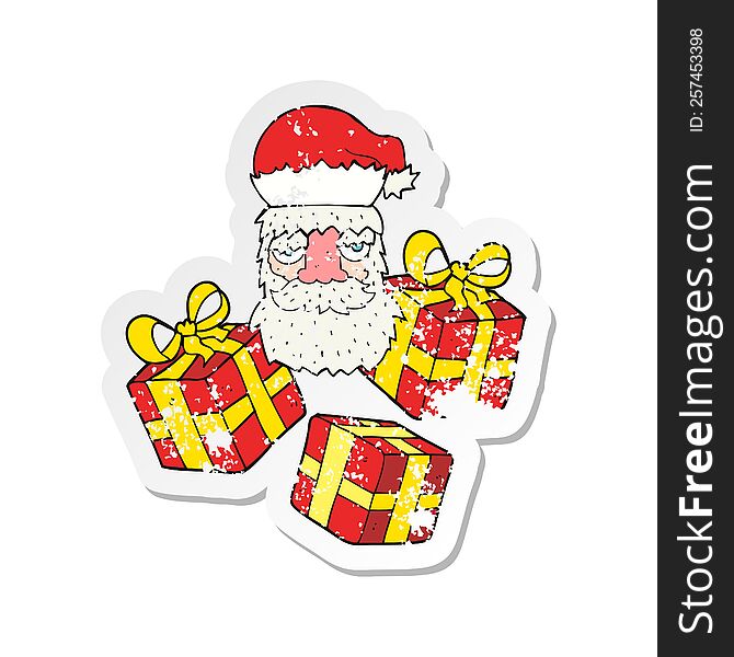 Retro Distressed Sticker Of A Cartoon Tired Santa Claus Face With Presents