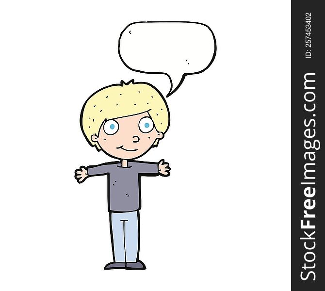 Cartoon Happy Boy With Open Arms With Speech Bubble