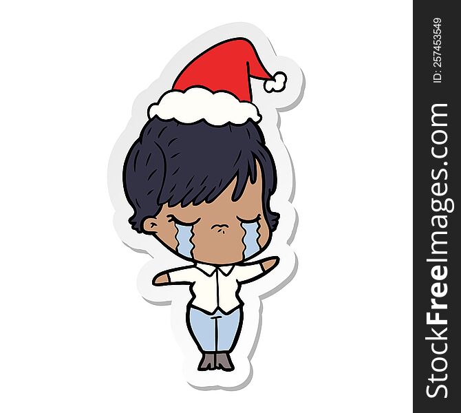 Sticker Cartoon Of A Woman Crying Wearing Santa Hat