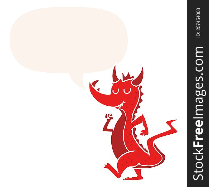 Cartoon Cute Dragon And Speech Bubble In Retro Style
