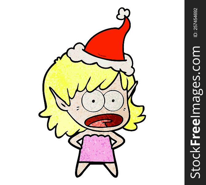 hand drawn textured cartoon of a shocked elf girl wearing santa hat