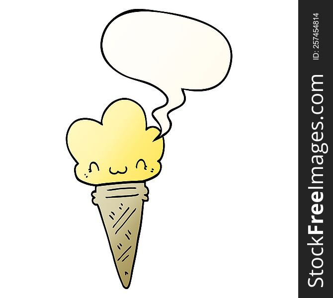 cartoon ice cream with face with speech bubble in smooth gradient style. cartoon ice cream with face with speech bubble in smooth gradient style
