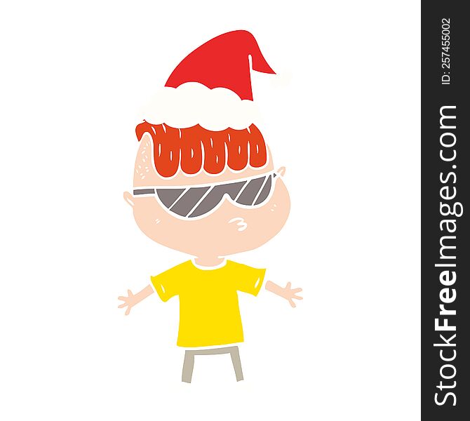 Flat Color Illustration Of A Boy Wearing Sunglasses Wearing Santa Hat