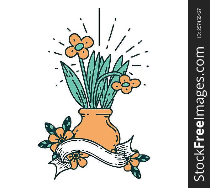scroll banner with tattoo style flowers in vase