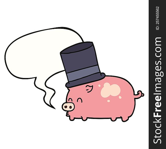 cartoon pig wearing top hat and speech bubble