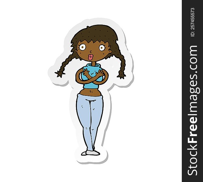 sticker of a cartoon offended woman covering herself