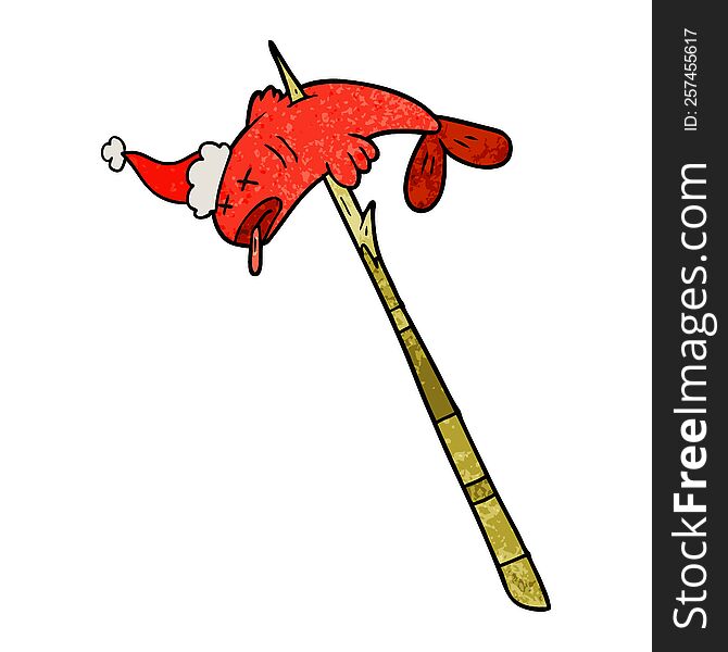 hand drawn textured cartoon of a fish speared wearing santa hat