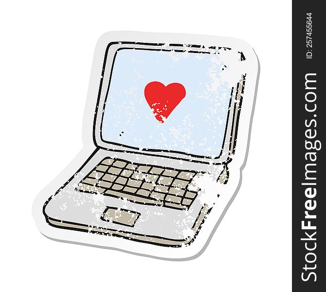 retro distressed sticker of a cartoon laptop computer with heart symbol on screen