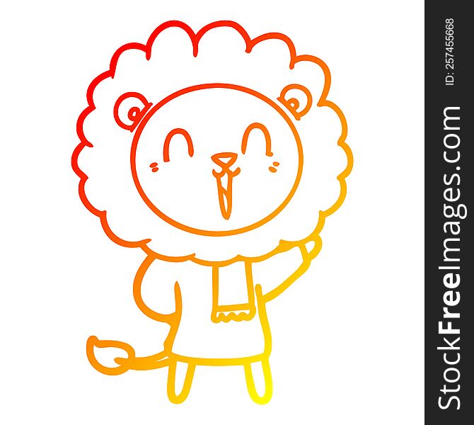 warm gradient line drawing of a laughing lion cartoon in winter clothes
