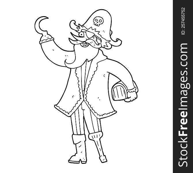 freehand drawn black and white cartoon pirate captain