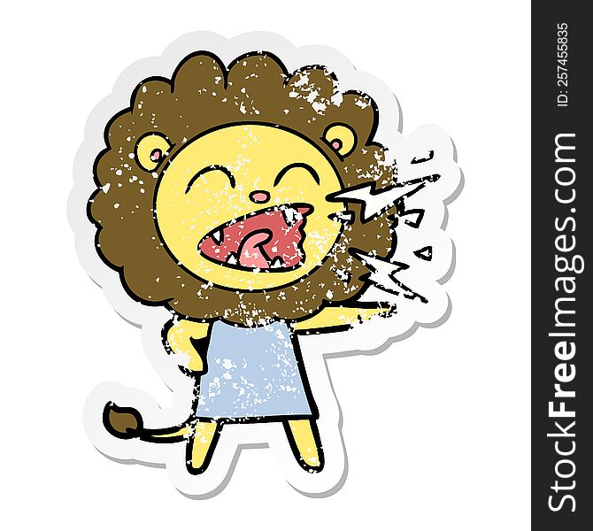 Distressed Sticker Of A Cartoon Roaring Lion Girl
