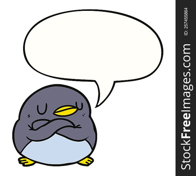 Cartoon Penguin And Crossed Arms And Speech Bubble