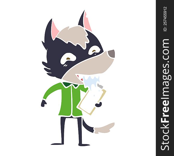 flat color style cartoon hungry wolf with clip board