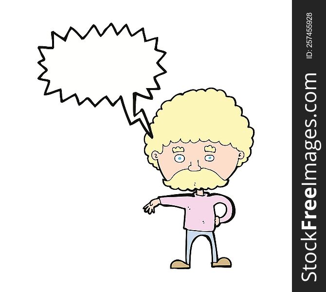 cartoon man with mustache making camp gesture with speech bubble