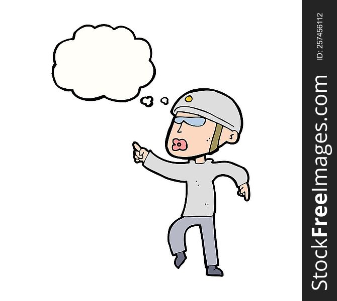 cartoon man in bike helmet pointing with thought bubble