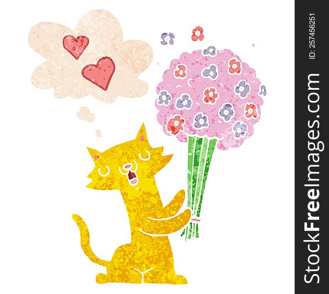 cartoon cat in love with flowers and thought bubble in retro textured style