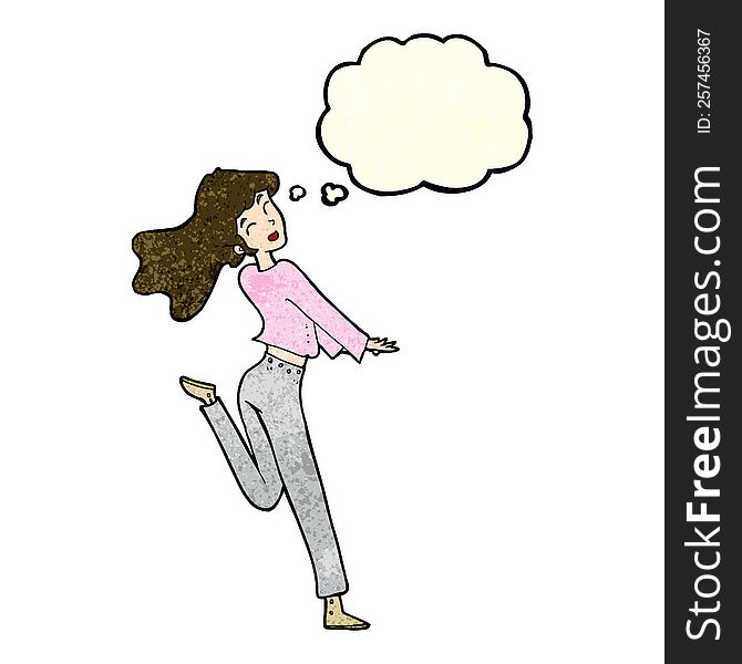 cartoon happy girl kicking out leg with thought bubble