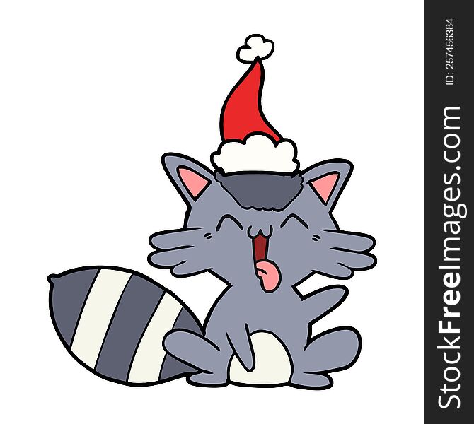 Cute Line Drawing Of A Raccoon Wearing Santa Hat