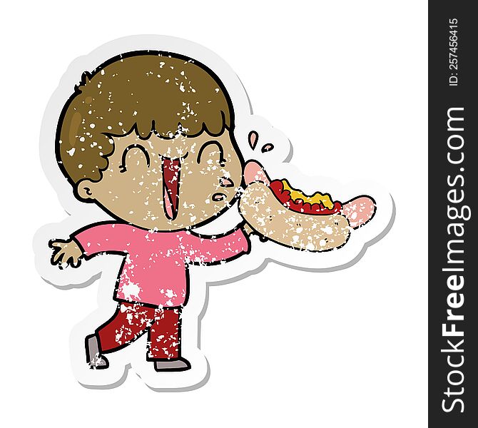 distressed sticker of a laughing cartoon man eating hot dog