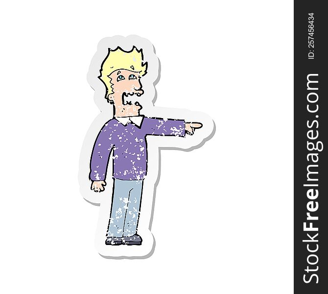Retro Distressed Sticker Of A Cartoon Man Accusing