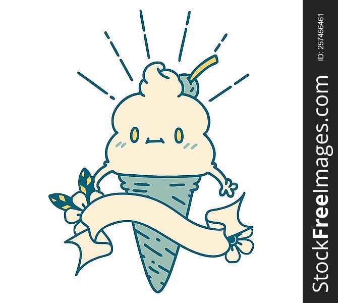 scroll banner with tattoo style ice cream character