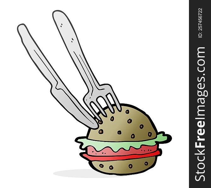 Cartoon Knife And Fork In Burger