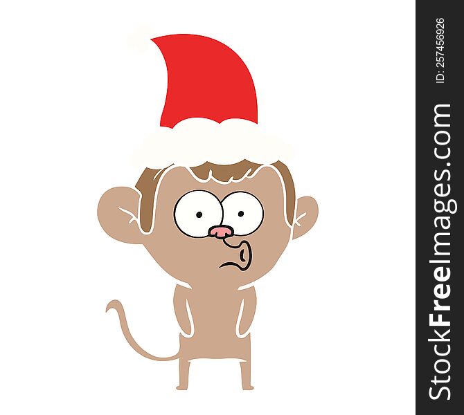 hand drawn flat color illustration of a hooting monkey wearing santa hat