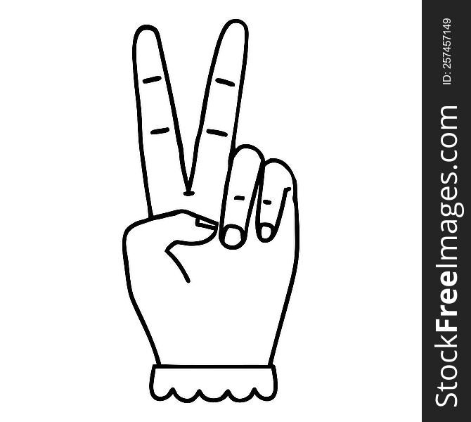 Black and White Tattoo linework Style peace symbol two finger hand gesture. Black and White Tattoo linework Style peace symbol two finger hand gesture