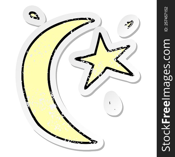 hand drawn distressed sticker cartoon doodle of the moon and a star