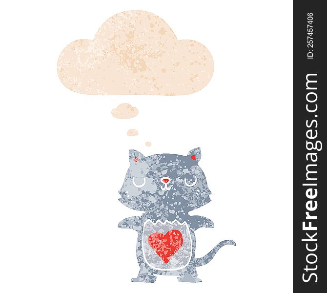 cute cartoon cat with thought bubble in grunge distressed retro textured style. cute cartoon cat with thought bubble in grunge distressed retro textured style