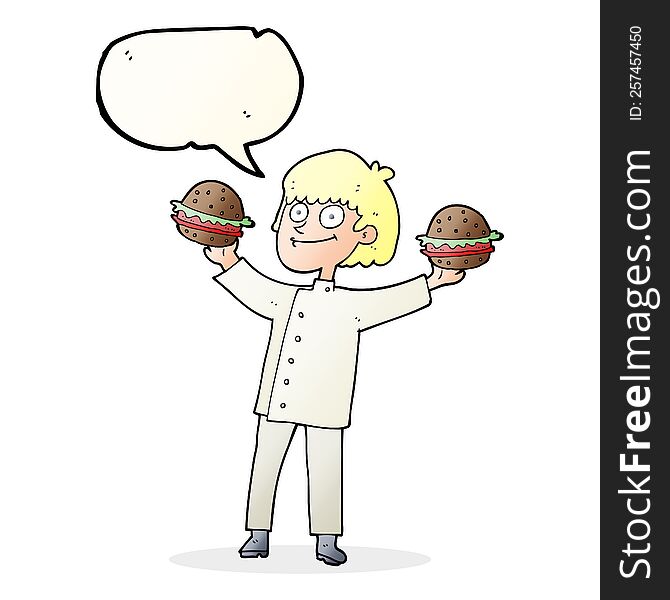 freehand drawn speech bubble cartoon chef with burgers