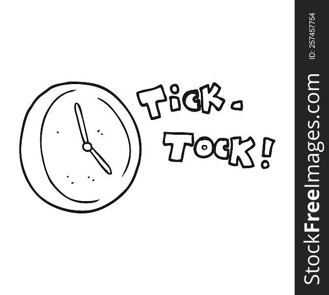 freehand drawn black and white cartoon ticking clock