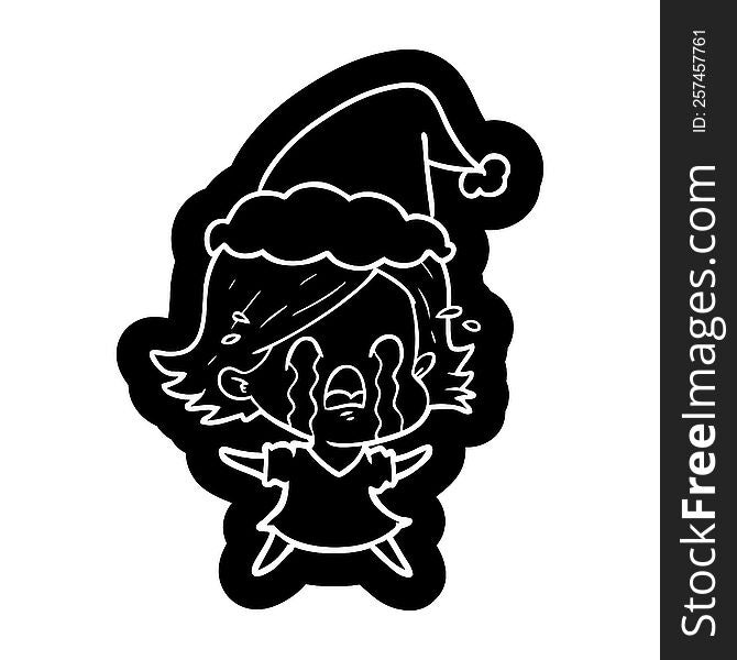 quirky cartoon icon of a woman crying wearing santa hat