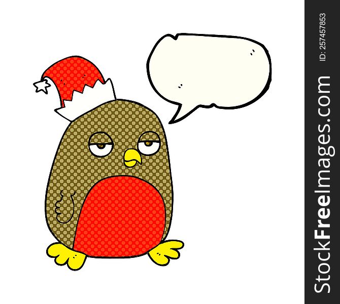 Comic Book Speech Bubble Cartoon Christmas Robin Wearing Santa Hat