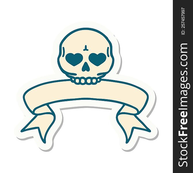 tattoo style sticker with banner of a skull