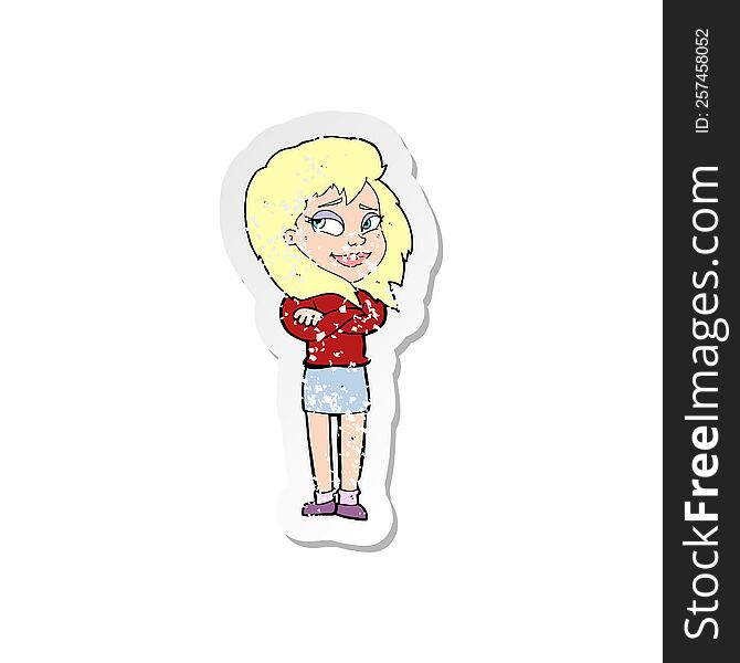 retro distressed sticker of a cartoon woman with crossed arms