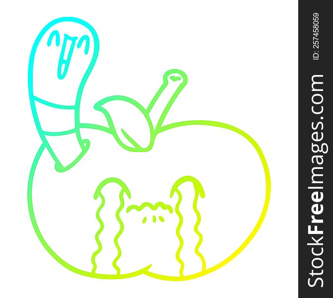 Cold Gradient Line Drawing Cartoon Worm Eating An Apple